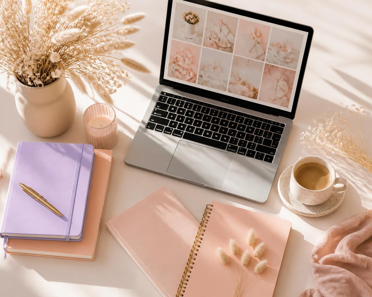 Creative workspace with a laptop showing a social media grid, blush and lavender notebooks, and dried florals