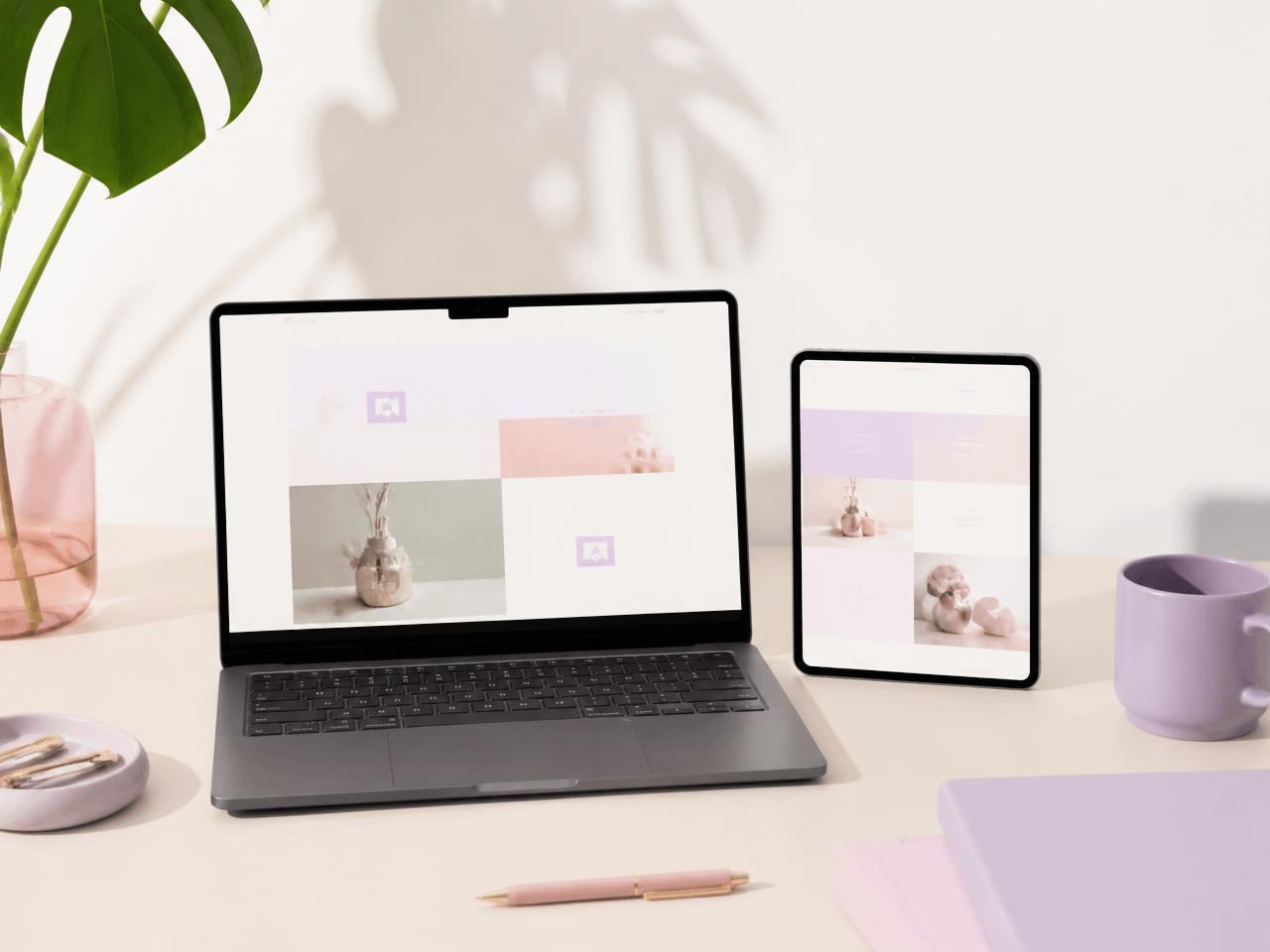 Laptop and tablet displaying a soft pastel landing page layout